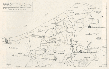 Emplacements des pièces allemandes de Leugenboom et Prédickboom (1cm = 3,5 km)